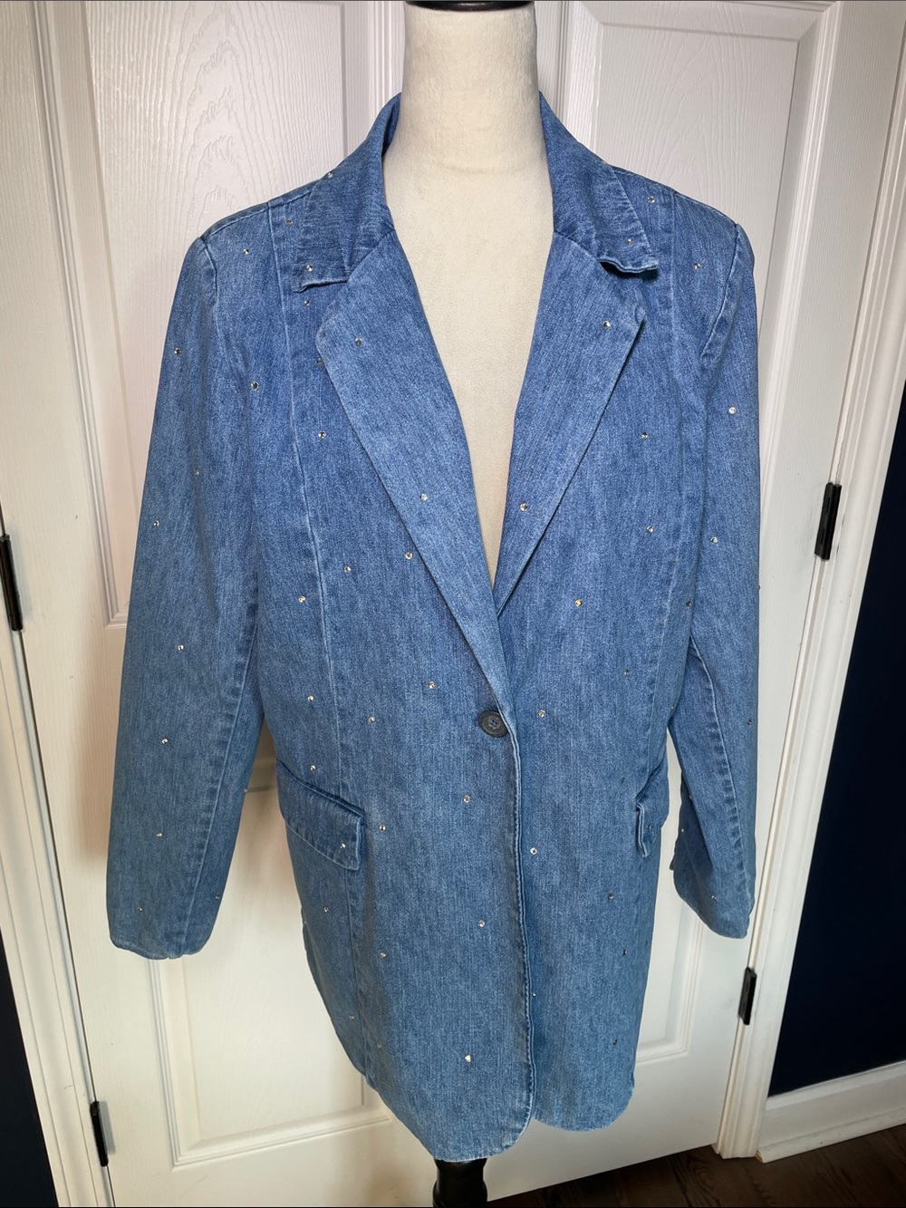 VTG Quacker Factory Denim Blazer Jacket Blue Rhinestone Studded Long Size L